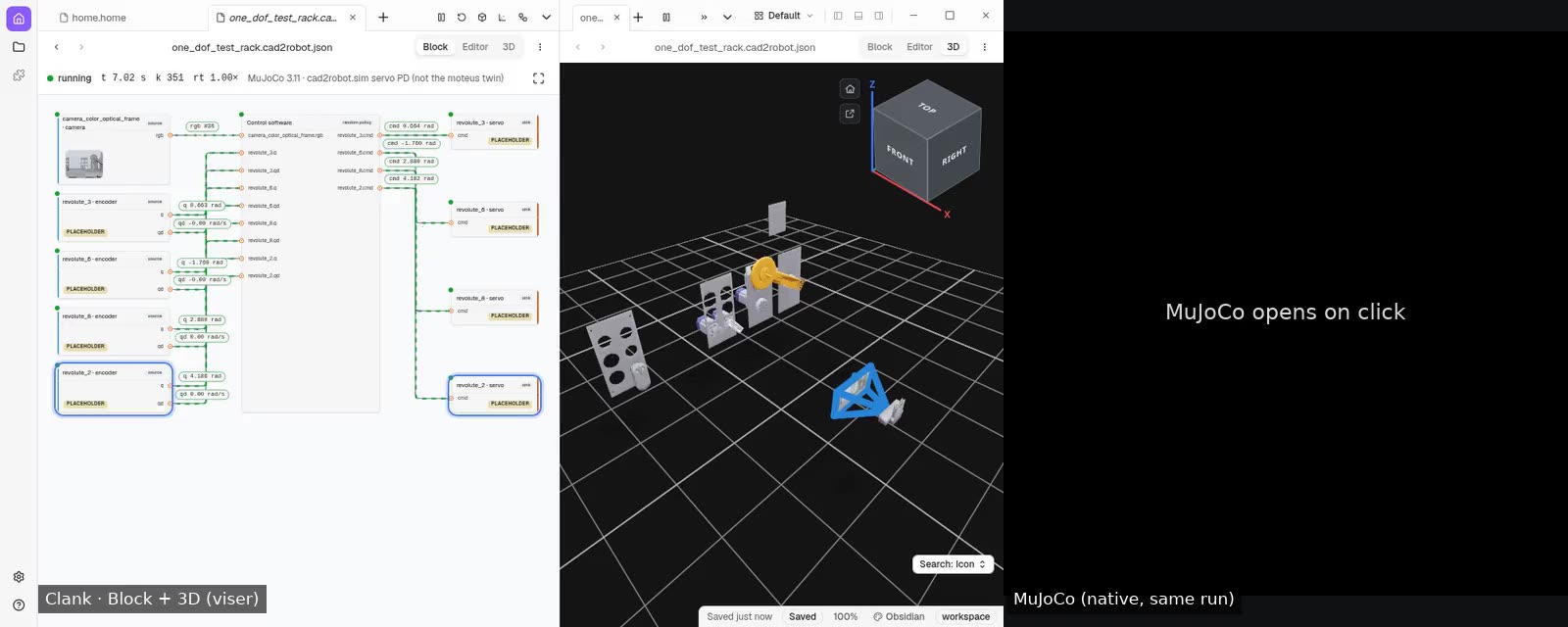 Cad2Robot bundle running in MuJoCo, shown as a block diagram and in 3D